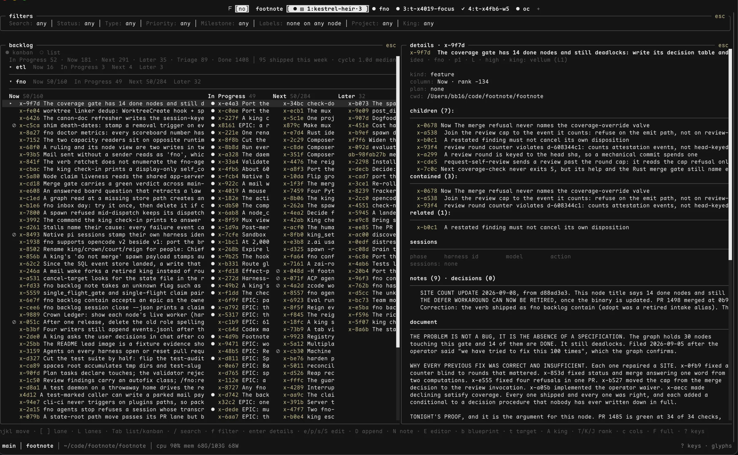 The backlog view in the mux: nodes in Now, In Progress, Next and Later lanes on the left, and one node's children, sessions, notes and document on the right.