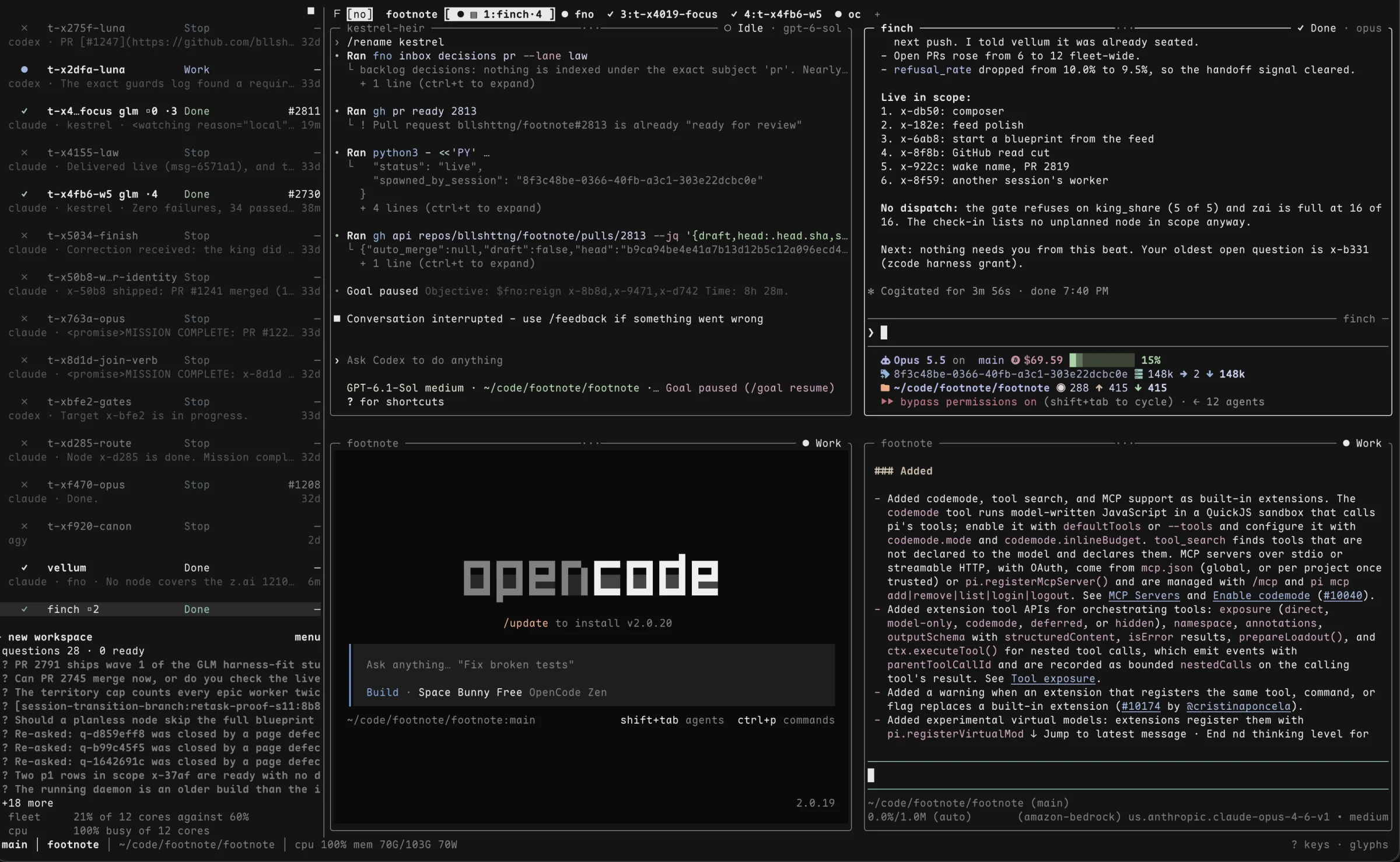 The fno mux in a terminal: a sideline roster of agent sessions on the left, four open portals on the right, and a live status row along the bottom.
