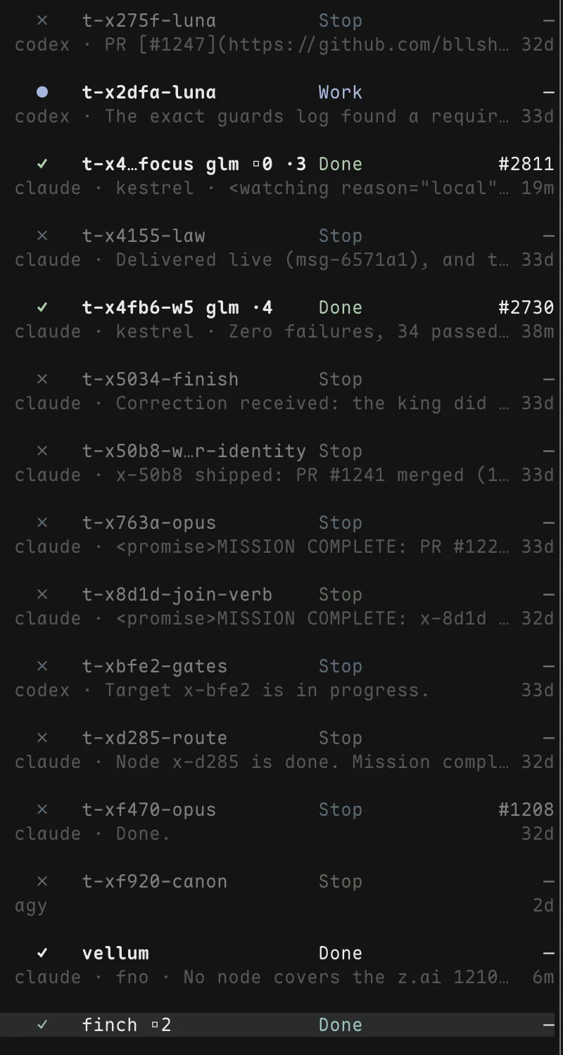 The mux sideline roster: one row per agent session with its harness, its state (Work, Done or Stop), its pull request number and its last message.